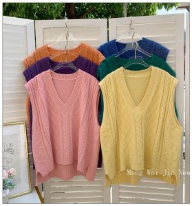 เสื้อกั๊กแขนกุดคอวีเสื้อกั๊กทรงหลวมลายเกลียวใส่แล้วดูผอมเพรียวเสื้อกั๊กไหมพรมแบบถักเสื้อกั๊กสไตล์เกาหลีแมทช์ลุคง่ายใส่ด้านนอก2021