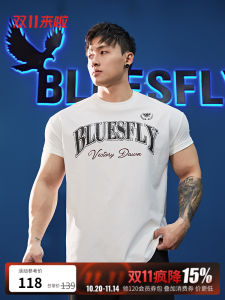 Bluesfly Fitness Sport Short Sleeve T-Shirt Mens Cuff Training Top American Print Breathable Moisture Wicking Elastic Cotton Polyester Blend