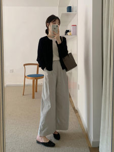 High Waist Wide Leg Casual Pants Womens Light Grey Spring Autumn Loose Slim Straight Long Trousers Korean Style Commute