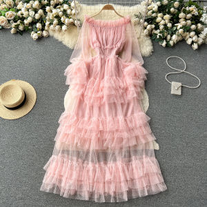 French Elegant Lace Hem Cake Design Dress Womens Waist Cinching Slimming One Shoulder Long Skirt Korean Style Commute