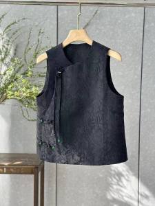 New Chinese Style Womens Vest Autumn 2024 Retro Embroidery High-End National Trend Top Commute Polyester Fiber round Neck Single Button