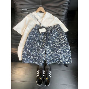 American Fashion Tie-Dye All-Over Star Printed Cleanfit Washed Denim Shorts