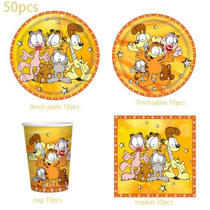 Potdemiel | Bộ Đồ Trang Trí Tiệc Sinh Nhật Garfield Hoạt Hình - Bóng Bay Hình Mèo Màu Cam Dễ Thương Và Bộ Đồ Dùng Trên Bàn Ăn Cho Lễ Mừng Đầy Tháng Quà Tặng Cho Trẻ Em