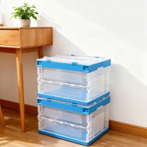 Foldable Plastic Storage Box with Cover Transparent Blue Transparent Plastic Storage Box for Home Organization Clothing Storage