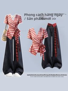NUMEN BUTTON | Large Size Summer New Hong Kong Style Checkered Shirt and Wide Leg Pants Suit