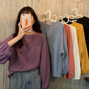 Loose Lantern Sleeve Base Shirt Womens T-shirt Pure Color Inner Wear Casual Style Long Sleeve round Neck Polyester Fabric