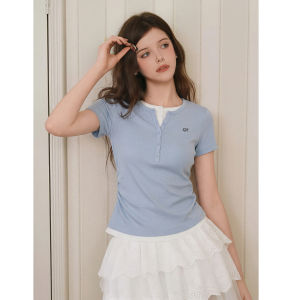 QIAOJIAOYA | Áo Thun Cổ Henley Xếp Lớp Màu Xanh