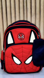 VIVI BAG#9943 Functional School Backpack 16inches Spider-Man themed kids backpack with red and black color scheme web pattern eye design and reflective accents.