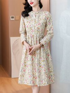 Cotton Floral Print Midi Dress Womens New Style Spring Autumn Turn-down Collar Slimming Print Pure Cotton Skirt A-Line Dress