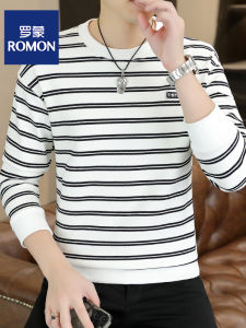 Romon Mens Long Sleeve T-Shirt Comfortable Spring Fashion Trend Striped Sweatshirt Casual Style Breathable Cotton Blend
