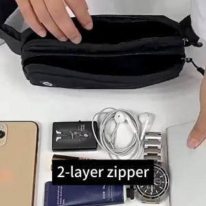 【Local Stock】Double Layer Waterproof Sports Waist Bag for Men Women Adjustable Running Belt Fanny Pack with Zipper Pockets & Headphone Jack for Jogging Cycling Hiking Travel