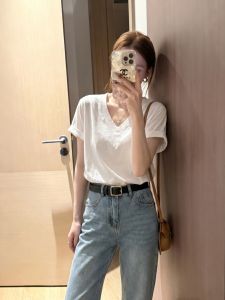 YUANYA | Korean Style V-Neck White Short Sleeve Womens T-Shirt