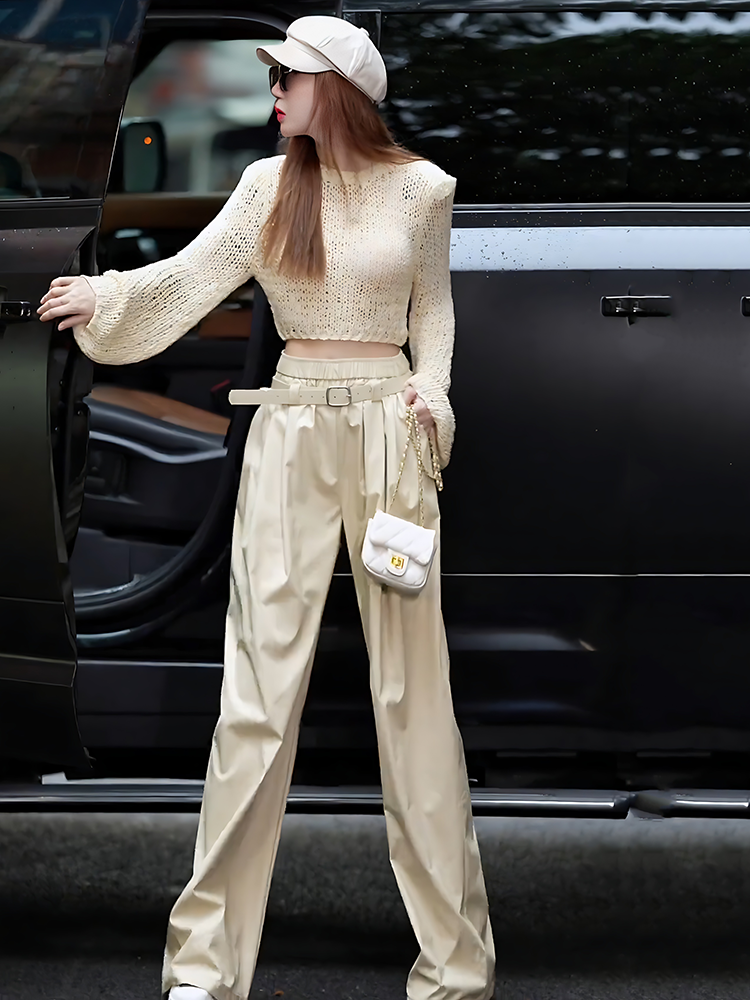 French Style Short Knitted Top Hollow out Design High Waist Slimming Wide Leg Pants Casual Suit for Women Autumn Season