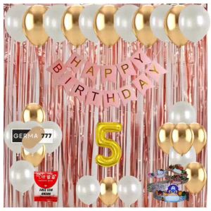 Paket Set Dekorasi Dinding Pesta Ulang Tahun Anak Banner Happy Birthday Pink Balon Gold Putih Tirai