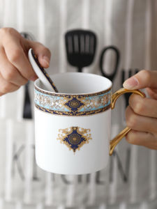 Bohemian Blue Gold European Bone China Mug with Spoon Creative Ceramic Coffee Cup Office Water Cup Elegant Court Style Adult Use