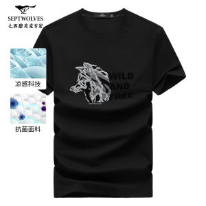 Septwolves Ice Silk Mens Short Sleeve T-Shirt Casual round Neck Antibacterial Lightweight Summer Fashion Black Top for Men