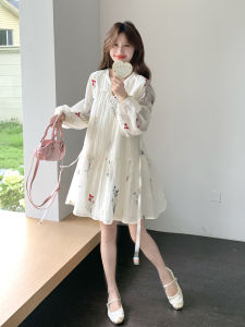 Romantic Soft Vacation Style Dress Womens Miniature Slimming Embroidery First Love Dress Beige Color New Autumn Collection