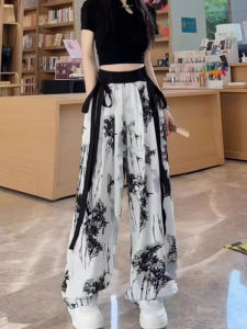 BINKAFENNY | กางเกงขายาวทรงตรงผ้าชีฟองไหมน้ำแข็งไซส์ใหญ่สำหรับผู้หญิงในฤดูร้อน กางเกงขายาวทรงหลวมสไตล์ย้อนยุคแบบจีนโบราณ กางเกงขายาวทรงตรง