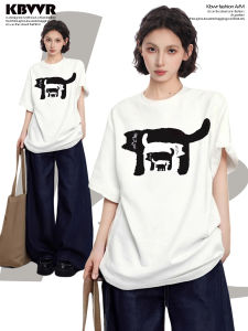 Áo Thun Nữ Tay Ngắn in Hình Mèo Màu Trắng Mùa Hè Dáng Rộng Cổ Tròn in Hình Mèo Thường Ngày Thoải Mái Thoáng Khí