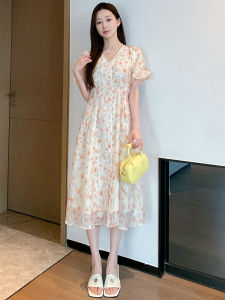 Floral Print Maxi Dress Womens Summer 2025 Waist Cinched Slimming French Style High Waist Short Sleeve Polyester Fiber X Version