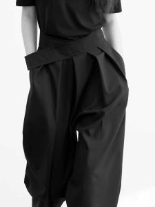 High Waist Wide Leg Black Samurai Pants Men Women Loose Fit Slimming Casual Trousers Magic Tape Design Youthful Style