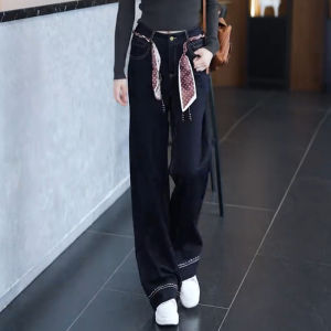 Denim Blue Wide Leg Jeans Womens Trendy Belted Scarf Straight Cut Trousers Autumn New Arrival Casual High Waist Jeans
