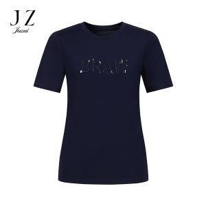 JUZUI Simple Embroidered Letter round Neck T-Shirt Womens Summer New Style JTFX83201 Straight Cut Regular Sleeve Length