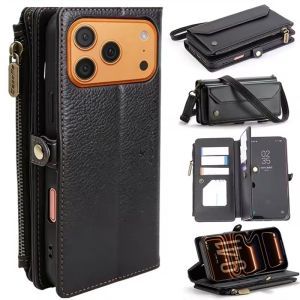 Luxury PU Zipper Wallet Case for IPhone 17 Pro Max Air 17PM Phone Cover with Crossbody Strap Card Slots Cash Pocket Phone Pouch