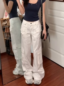 เอวสูงหลวมกางเกงลําลองสําหรับผู้หญิงที่มีกระเป๋าย้อนยุคสไตล์อเมริกันลดน้ําหนักขาตรงออกแบบเส้นใยโพลีเอสเตอร์