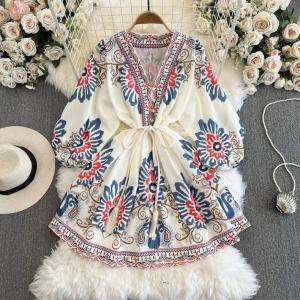 ●ECLAIRE● 003 Dress Mini Lengan 7per8 Vneck Motif Bunga Floral Flower Tassel Boho Korea Pesta Kondangan Malam Resmi Bohemia Vintage Import sbgoo
