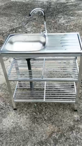 ซิ้งค์ล้างจาน อ่างล้างจานสแตนเลส 1 หลุม 3 ชั้น โครงอลูมิเนียม พร้อมที่คว่ำจาน ชั้นเสียบคว่ำจานให้แห้ง ขนาด 75 x 40 x 80 ซม.