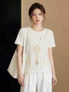 AIYITI | Lace Embroidered Sleeveless T-Shirt Vest Set