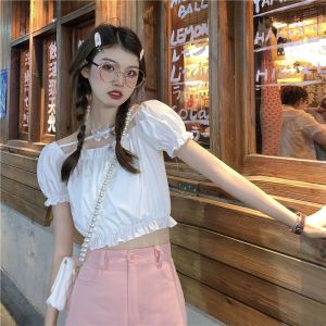 Fashionable French V-neck Short Sleeve Bubble Design Top Hand Gloves Spring Summer New Arrival Elegant Neckbone Baring Style