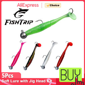 FishTrip 3.5g-10g Soft Lure with Jig Head Kit 5pcs Set Screw-tail Soft Lure Jighead for Bass Fishing Spiral Soft Plastic Lure