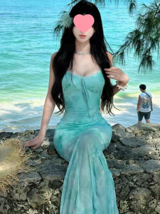 HAYOU | French Light Green Printed Tulle Halter Dress Summer Beach Vacation Fish Tail