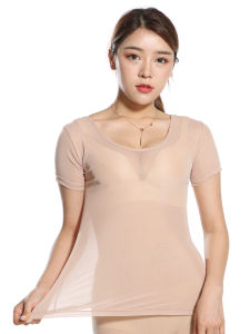 Ultra-Thin Nude Short-Sleeve Womens T-Shirt Tight Mesh Top Black Base Shirt Transparent Lace Upper Body Summer Fashion