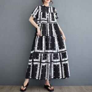 ชุดเดรสยาวปานกลางพิมพ์ลายแฟชั่นแขนสั้นหลวมไซส์ใหญ่สไตล์เกาหลีสำหรับผู้หญิงในช่วงฤดูร้อน เดรสทรงเอคอวีแขนยาวปกติ
