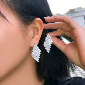 SEQUITO New Arrival Women Jewelry Pave Setting Square Cut AAAAA CZ Zirconia Silver Plated High Quality Rhomboic Big Long Stud Earrings for Engagement SE893