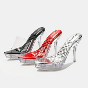 YUCHEN 4.33 inches Mules for Women Crystal With Heels Sandals Laydis White Stiletto Clean Transparent High Heeled Slippers Shoes Size 35 - 43