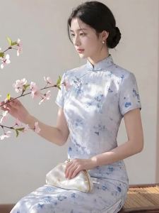 Elegant Slimming Cheongsam-style Short Sleeve Blue Dress for Mothers Summer