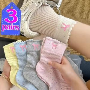 3Pairs Bow Polka Dot Thin Short Socks Japanese Style Lolita JK Stocks for Women Girls Sweet Casual Cute Breathable Elastic Cotton Ruffle Mid-calf Socks Hosiery
