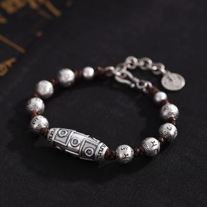 Pure Silver 999 Road to Success Bracelet for Men And Women Woven Rope Six-Syllable True Word Transient Bead Ethnic Style