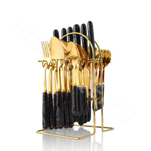 24 Buah Set Peralatan Makan Emas 304 Sendok Garpu Pisau dengan Tempat Penyimpanan