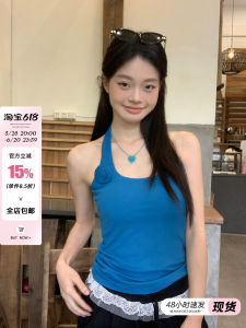 Blue Flower Halter Neck Crop Top Womens Slim Fit Vest with Chest Pad Sweet And Spicy Summer Fashion Backless Top