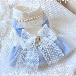 Pet Dog Fall and Winter Lace Princess Dress Traction Buckle Pet Clothes Dog Teddy Bichon Cat Strap Dress