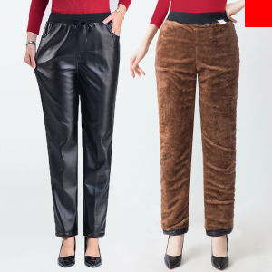 Womens Winter High Waist Loose Thickened Fleece Leather Pants Work Trousers Waterproof Spring Autumn Casual Straight Leg Pants