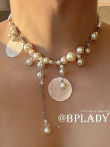 Graduated Pearl Tassel Necklace with Shell Pendant Alloy Material Womens Fashion Jewelry Clavicle Chain round Shell Link