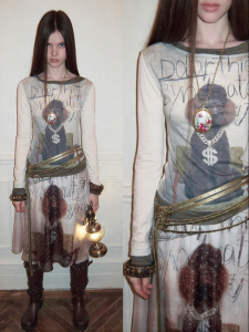 1JINN STUDIO | Off-Shoulder Fake Two-Piece Printed Fitted Long Sleeve T-Shirt