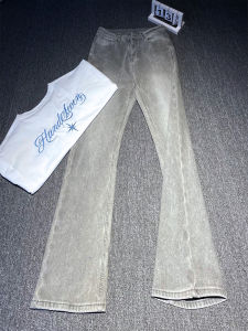 Quần Jeans Ống Rộng Thon Màu Xám Khói Cao Waist