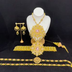 ชุดสร้อยคอสีทอง ประดับพลอยสีชมพูเซตเครื่องประดับเจ้าสาวสวมใส่วันเทศกาลปีใหม่ ลอยกระทง